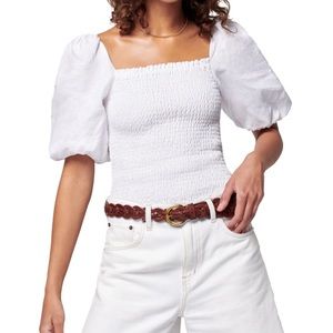 NWT Faherty Frankie Smocked Puff Sleeve Linen Top Blouse Shiry Oyster Large